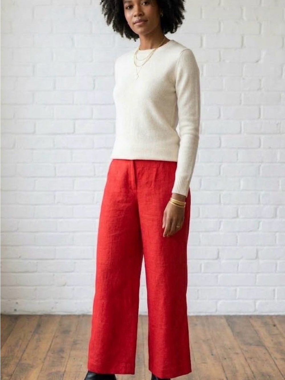 Talbots Red Wide-Leg Pocketed Linen Pants